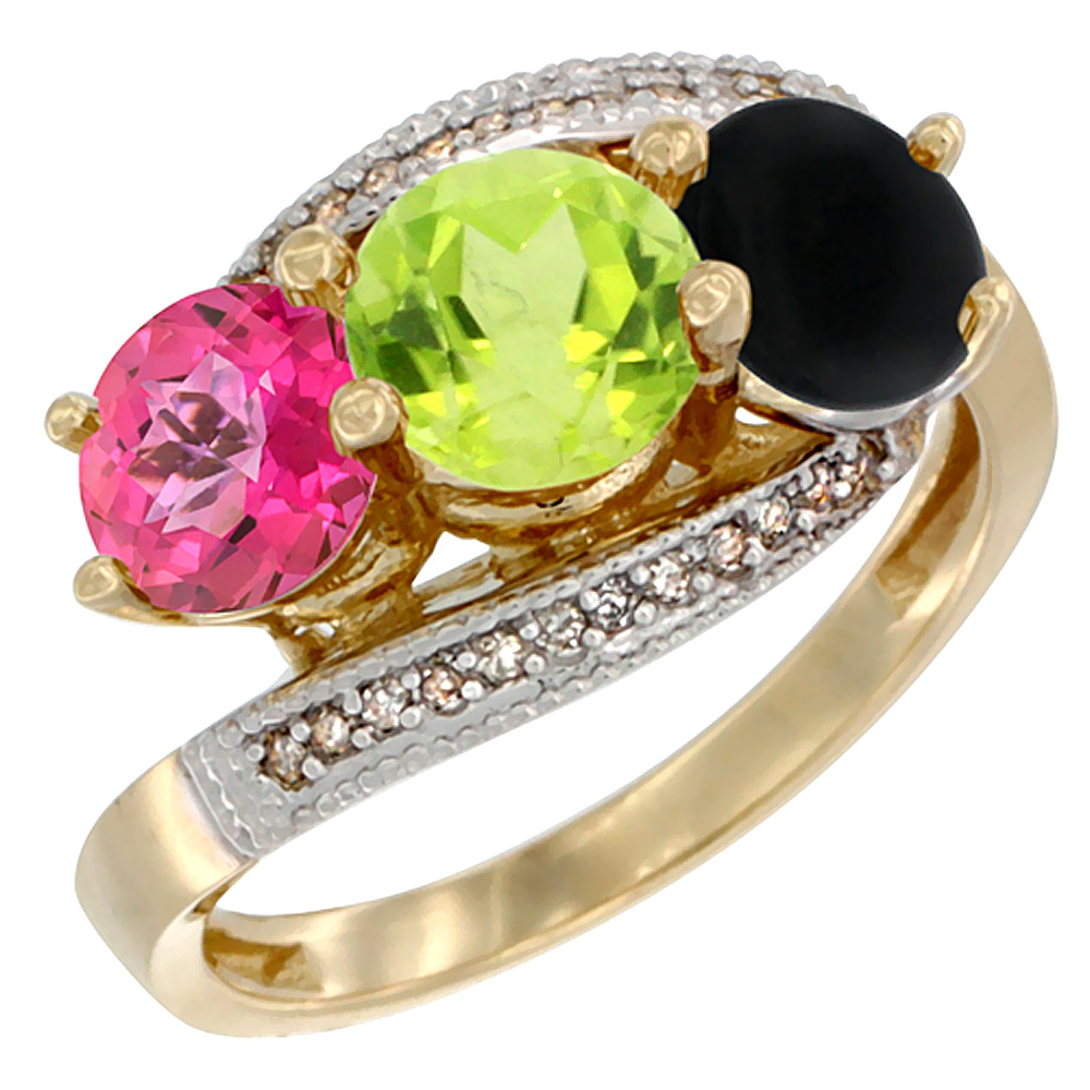 10K Yellow Gold Natural Pink Topaz, Peridot &amp; Black Onyx 3 stone Ring Round 6mm Diamond Accent, sizes 5 - 10