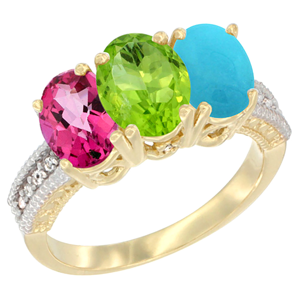 14K Yellow Gold Natural Pink Topaz, Peridot & Turquoise Ring 3-Stone 7x5 mm Oval Diamond Accent, sizes 5 - 10
