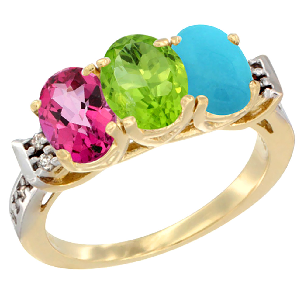 14K Yellow Gold Natural Pink Topaz, Peridot & Turquoise Ring 3-Stone 7x5 mm Oval Diamond Accent, sizes 5 - 10