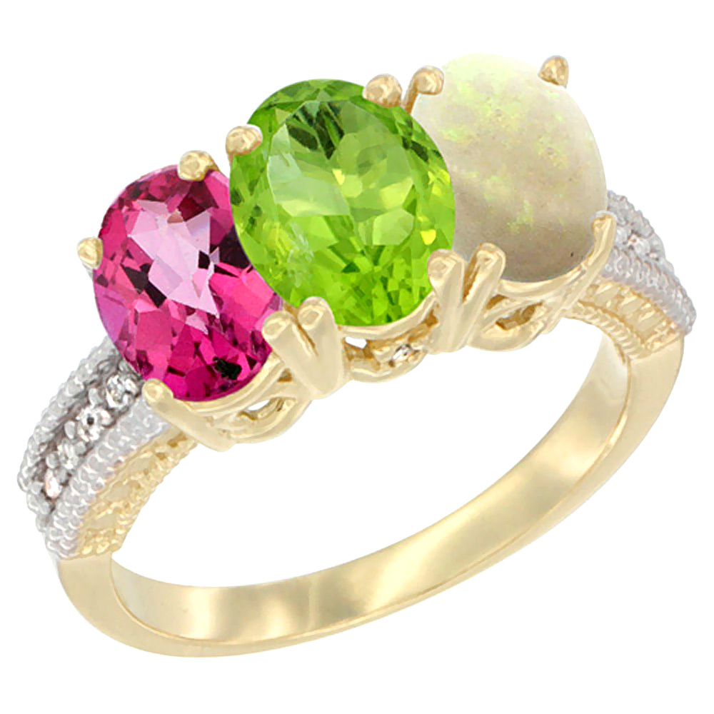 10K Yellow Gold Diamond Natural Pink Topaz, Peridot & Opal Ring 3-Stone Oval 7x5 mm, sizes 5 - 10