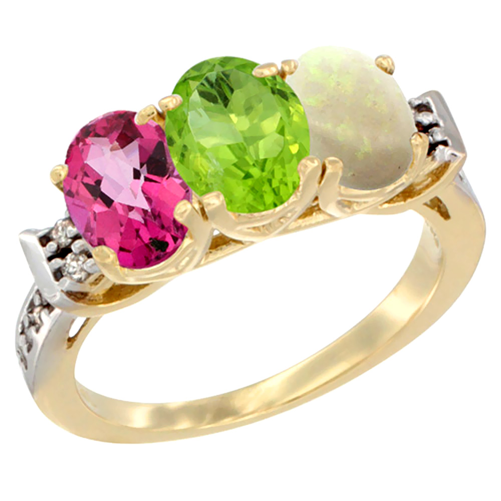 10K Yellow Gold Natural Pink Topaz, Peridot &amp; Opal Ring 3-Stone Oval 7x5 mm Diamond Accent, sizes 5 - 10