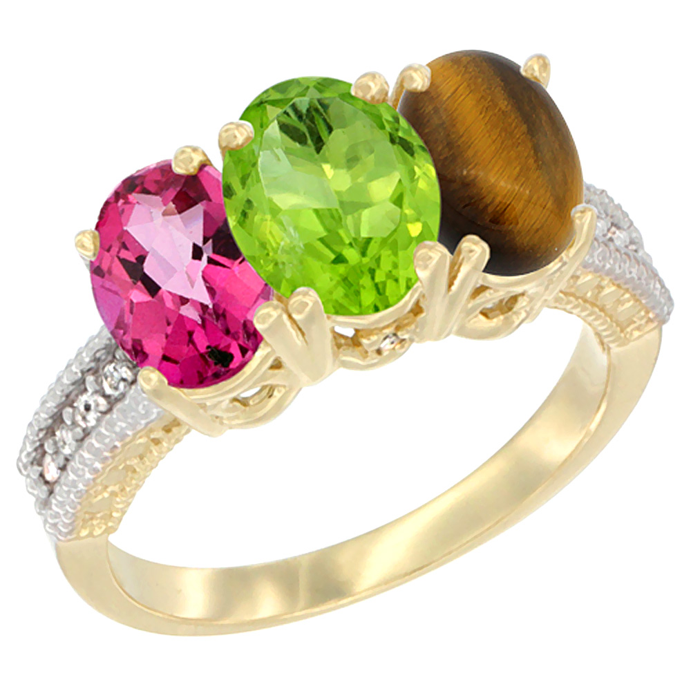 14K Yellow Gold Natural Pink Topaz, Peridot & Tiger Eye Ring 3-Stone 7x5 mm Oval Diamond Accent, sizes 5 - 10