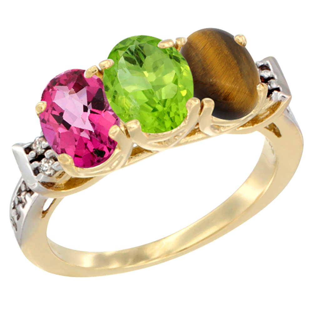 10K Yellow Gold Natural Pink Topaz, Peridot & Tiger Eye Ring 3-Stone Oval 7x5 mm Diamond Accent, sizes 5 - 10