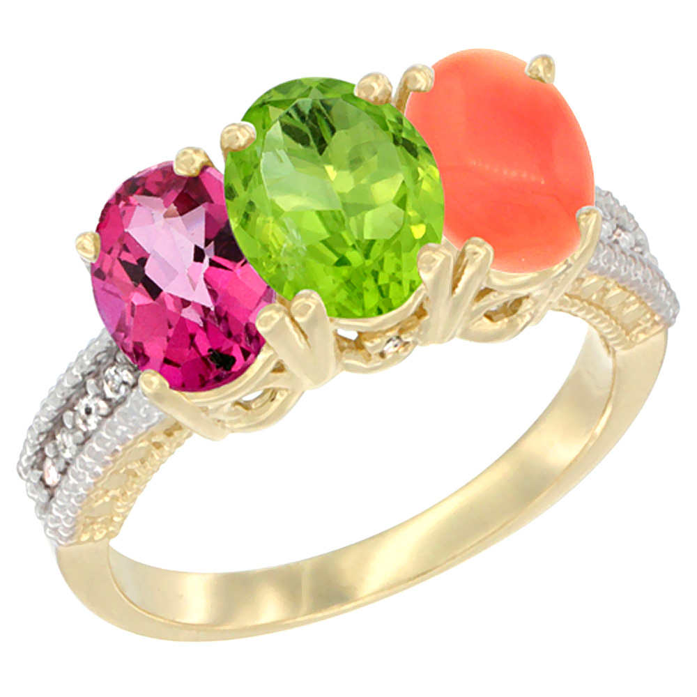 14K Yellow Gold Natural Pink Topaz, Peridot &amp; Coral Ring 3-Stone 7x5 mm Oval Diamond Accent, sizes 5 - 10