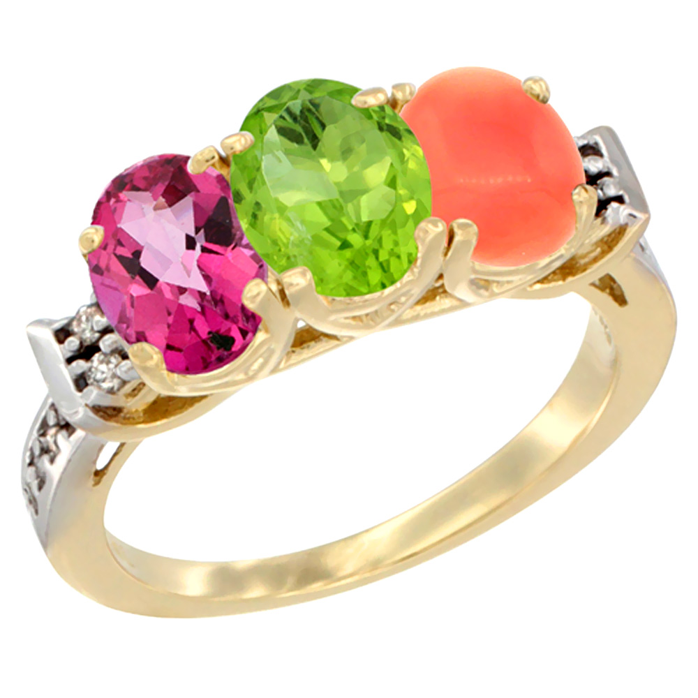 14K Yellow Gold Natural Pink Topaz, Peridot & Coral Ring 3-Stone 7x5 mm Oval Diamond Accent, sizes 5 - 10