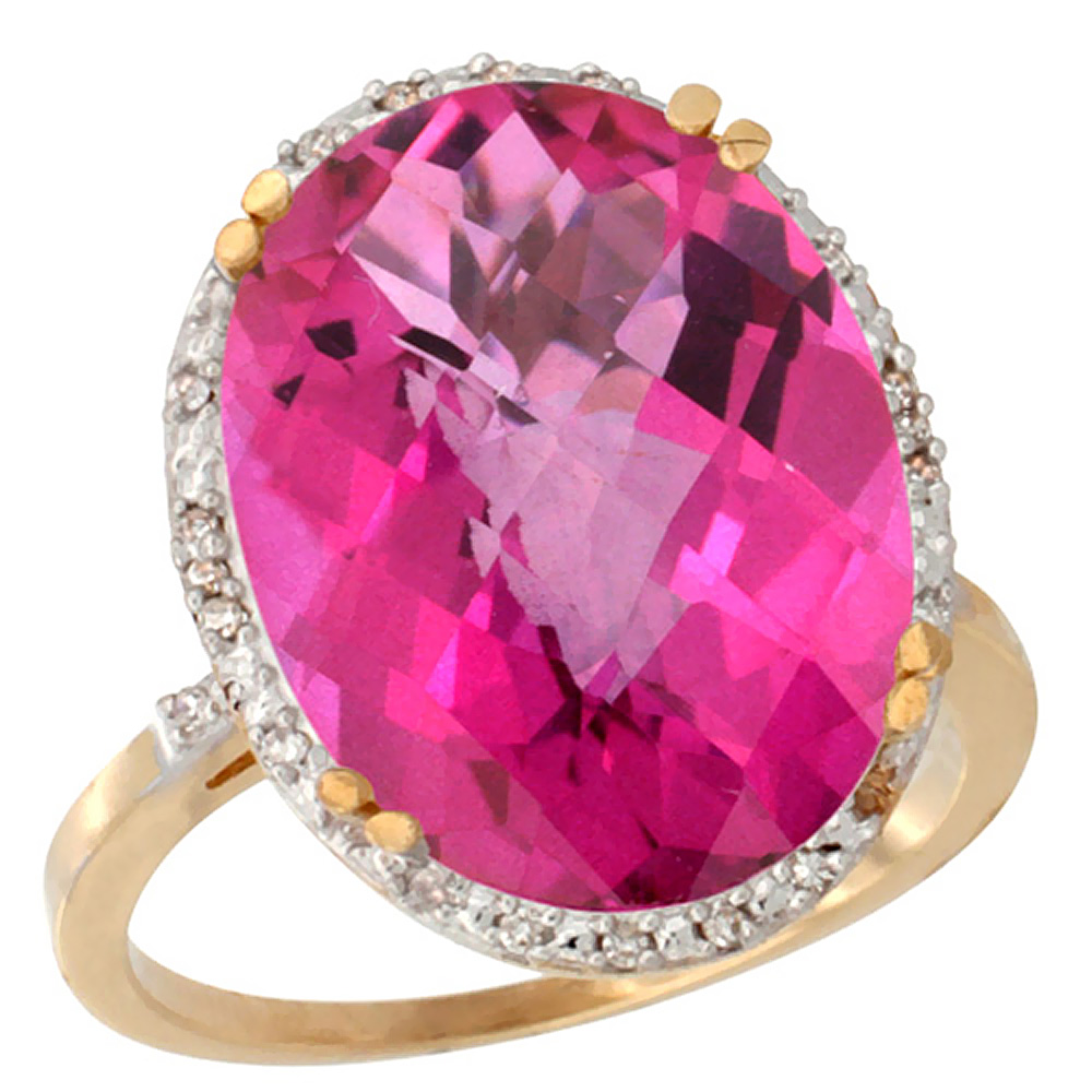 14K Yellow Gold Natural Pink Topaz Ring Large Oval 18x13mm Diamond Halo, sizes 5-10
