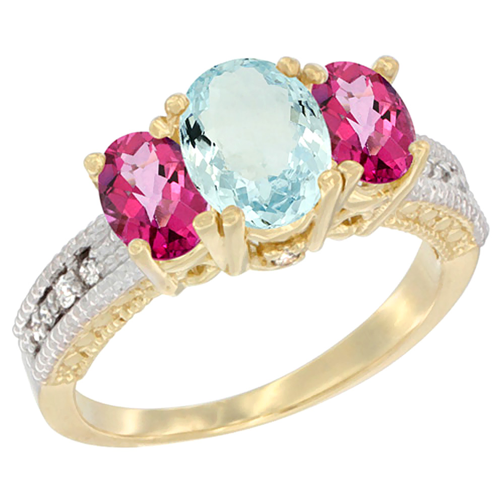 14K Yellow Gold Diamond Natural Aquamarine Ring Oval 3-stone with Pink Topaz, sizes 5 - 10