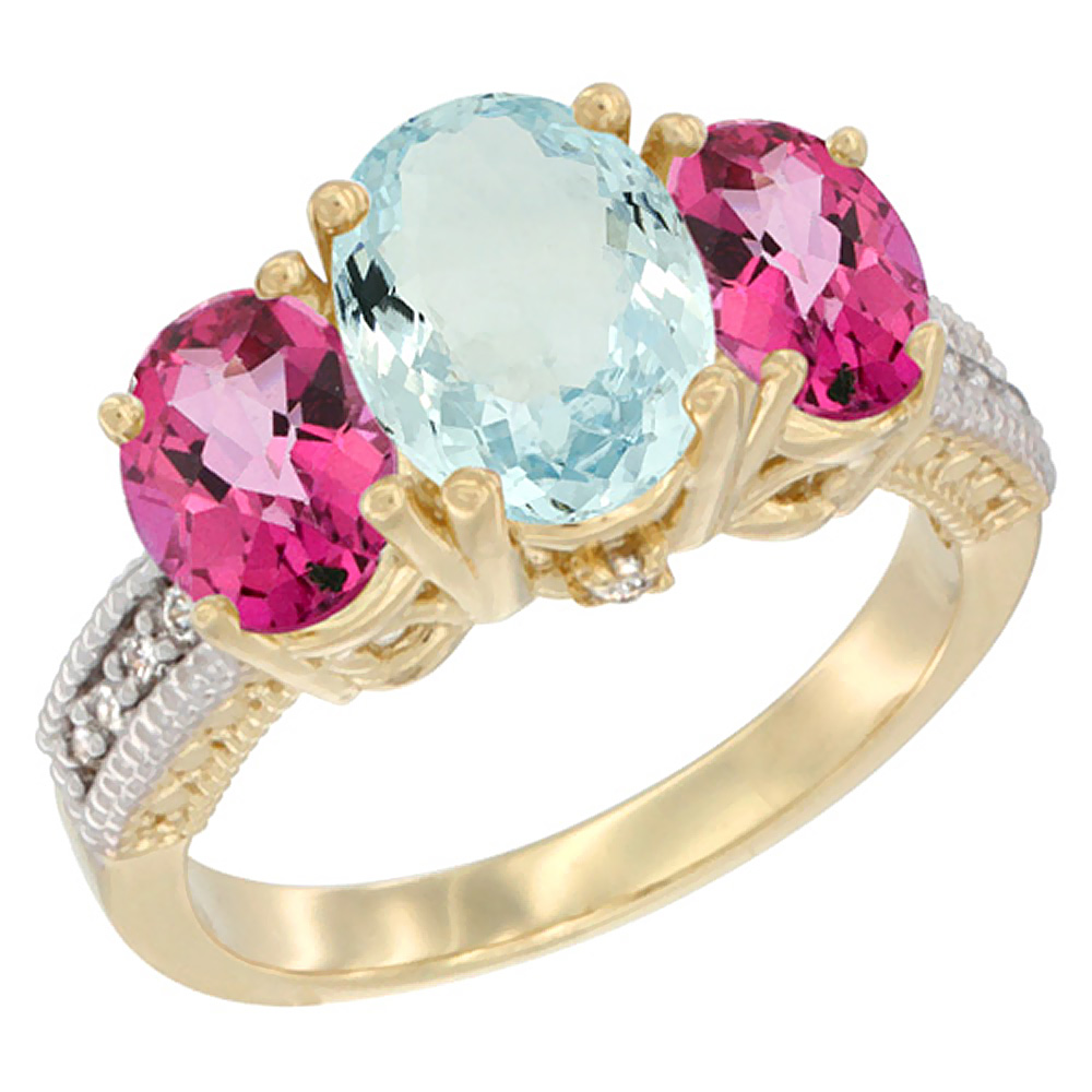 10K Yellow Gold Diamond Natural Aquamarine Ring 3-Stone Oval 8x6mm with Pink Topaz, sizes5-10