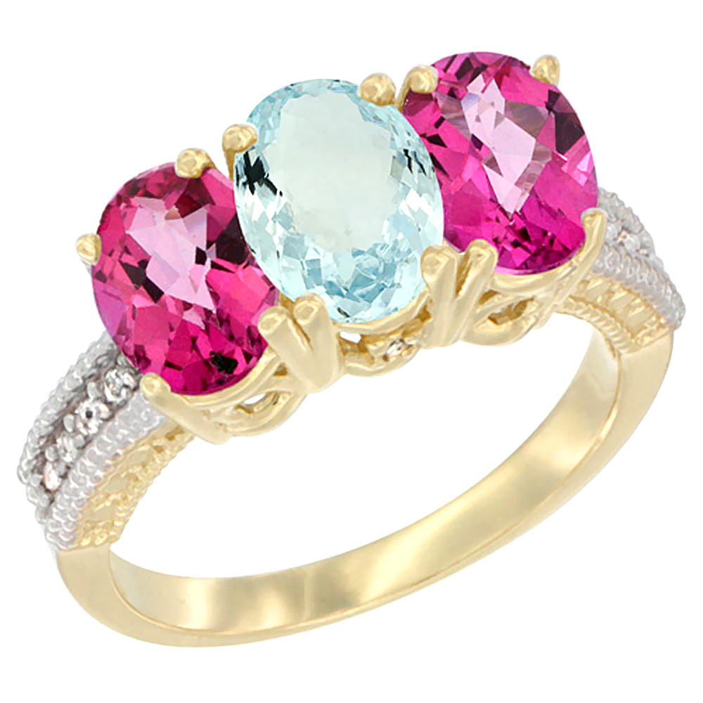 14K Yellow Gold Natural Aquamarine & Pink Topaz Sides Ring 3-Stone 7x5 mm Oval Diamond Accent, sizes 5 - 10