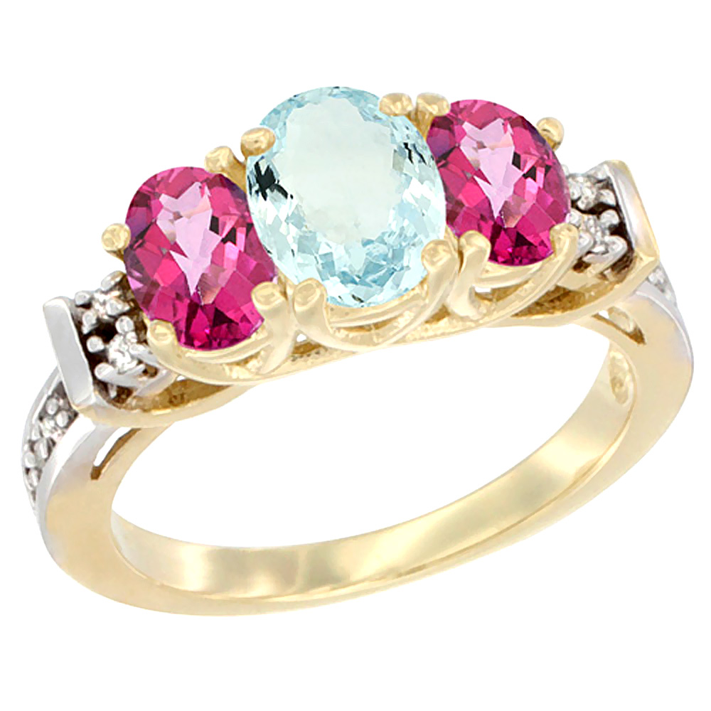 14K Yellow Gold Natural Aquamarine &amp; Pink Topaz Ring 3-Stone Oval Diamond Accent