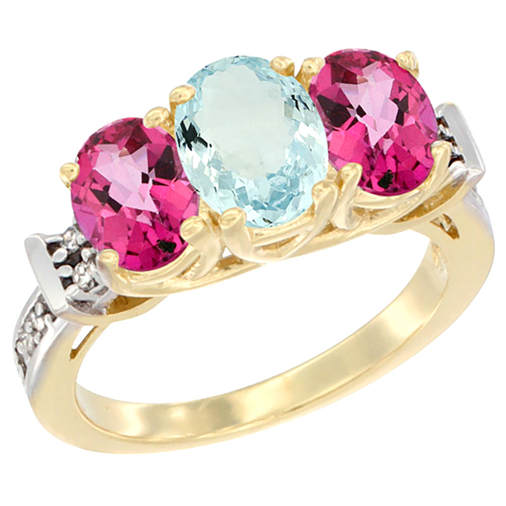 10K Yellow Gold Natural Aquamarine & Pink Topaz Sides Ring 3-Stone Oval Diamond Accent, sizes 5 - 10