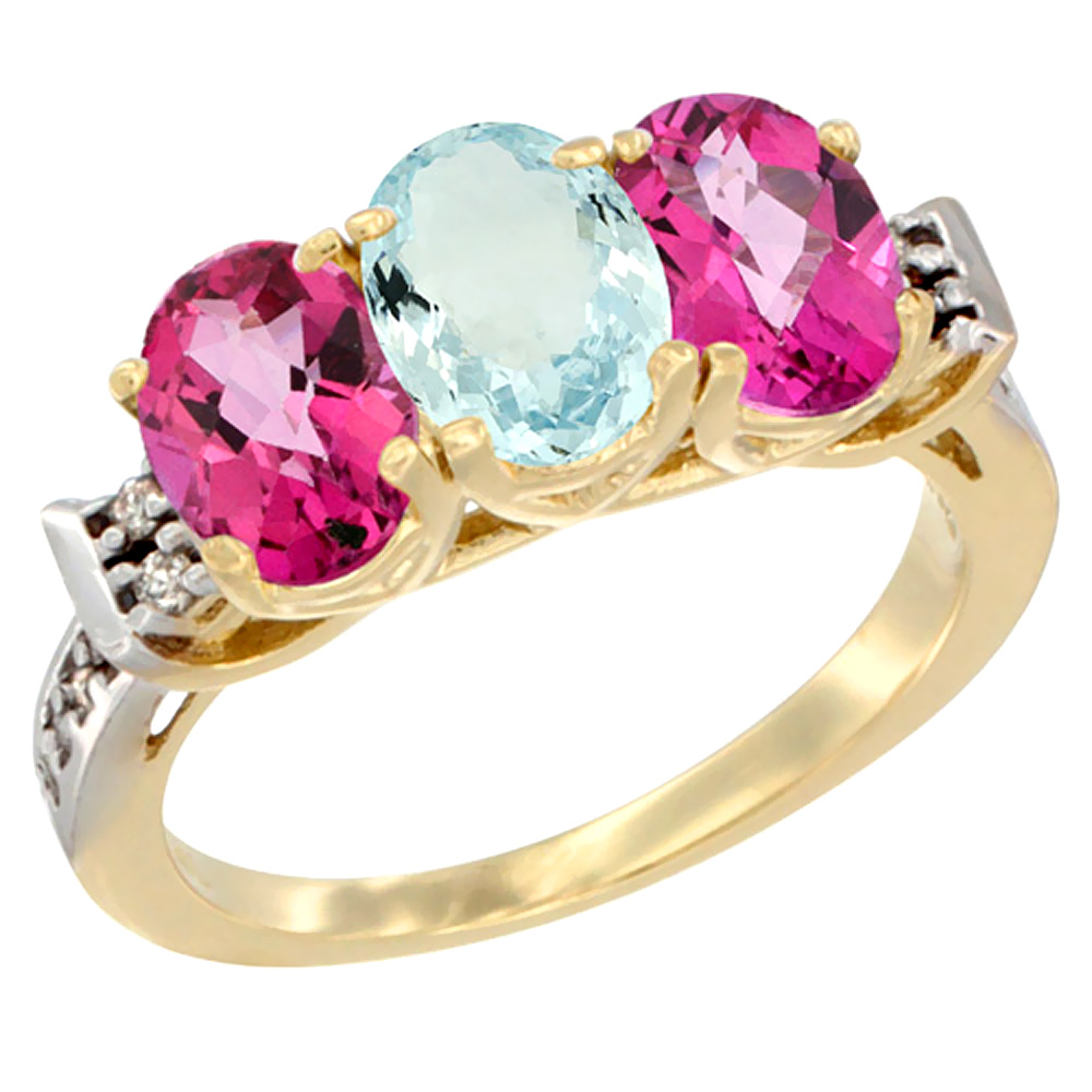 10K Yellow Gold Natural Aquamarine & Pink Topaz Sides Ring 3-Stone Oval 7x5 mm Diamond Accent, sizes 5 - 10