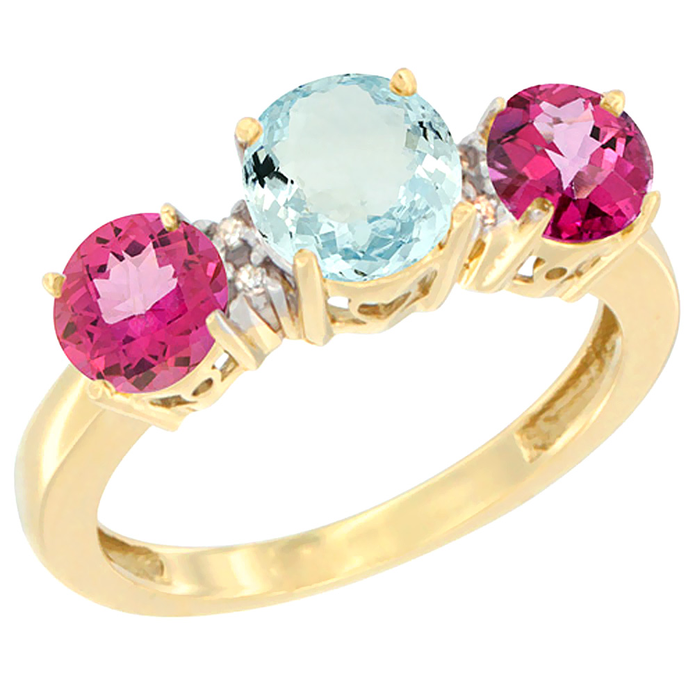 14K Yellow Gold Round 3-Stone Natural Aquamarine Ring & Pink Topaz Sides Diamond Accent, sizes 5 - 10