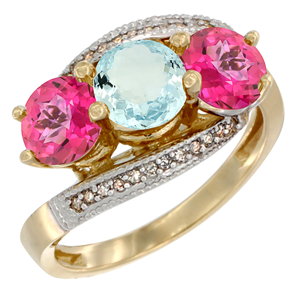 10K Yellow Gold Natural Aquamarine &amp; Pink Topaz Sides 3 stone Ring Round 6mm Diamond Accent, sizes 5 - 10