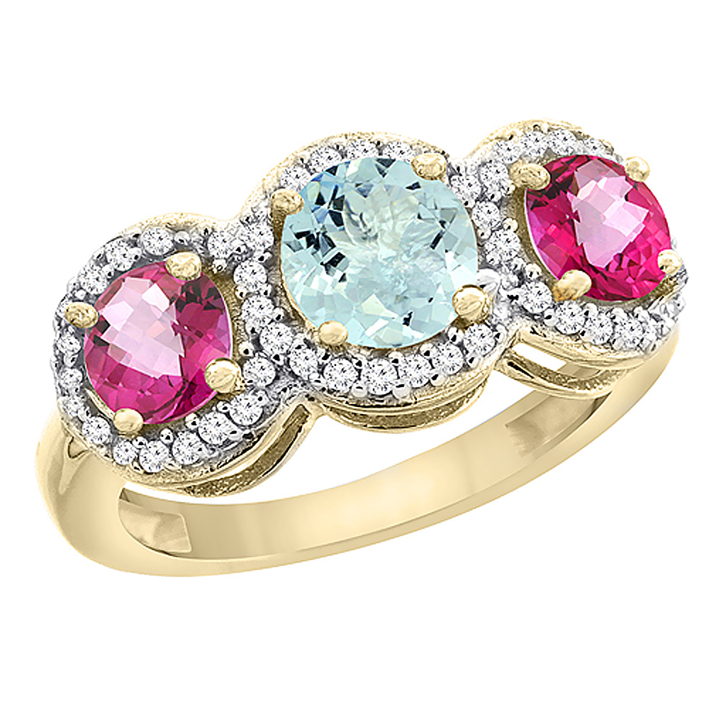 10K Yellow Gold Natural Aquamarine &amp; Pink Topaz Sides Round 3-stone Ring Diamond Accents, sizes 5 - 10