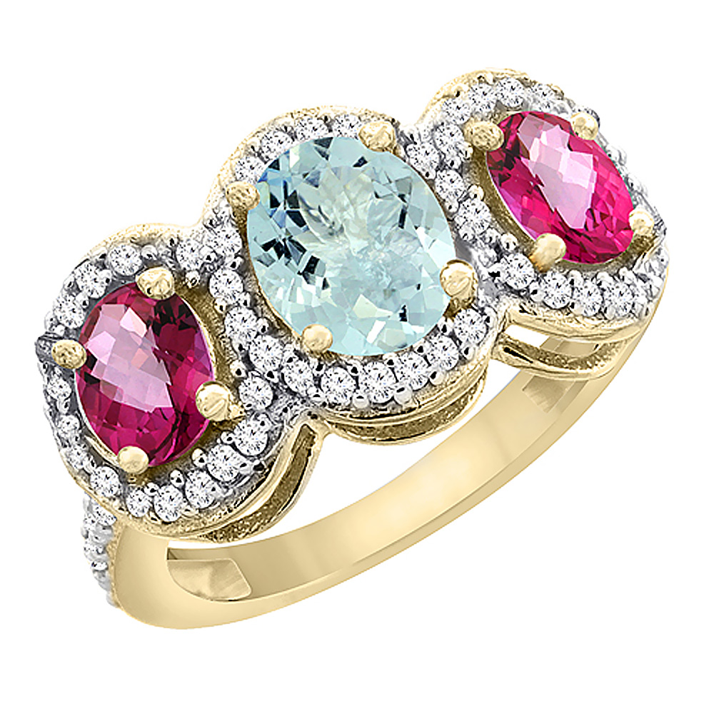 10K Yellow Gold Natural Aquamarine & Pink Topaz 3-Stone Ring Oval Diamond Accent, sizes 5 - 10