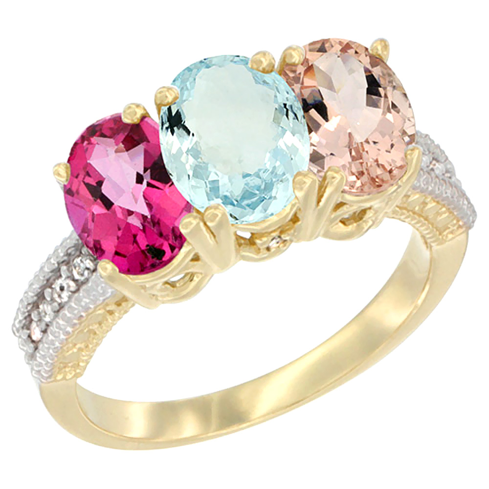 10K Yellow Gold Diamond Natural Pink Topaz, Aquamarine & Morganite Ring 3-Stone Oval 7x5 mm, sizes 5 - 10