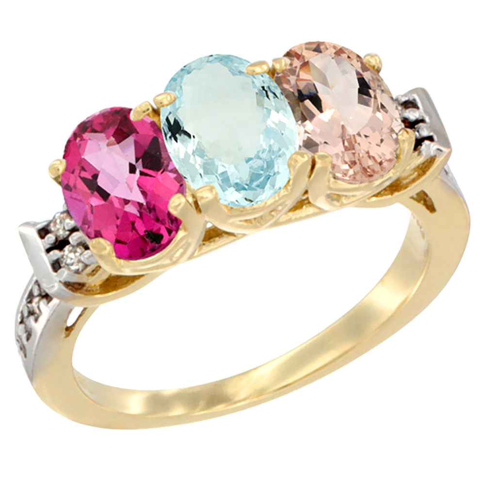 10K Yellow Gold Natural Pink Topaz, Aquamarine & Morganite Ring 3-Stone Oval 7x5 mm Diamond Accent, sizes 5 - 10