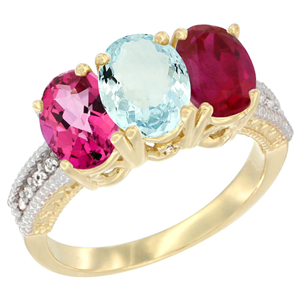 10K Yellow Gold Diamond Natural Pink Topaz, Aquamarine &amp; Ruby Ring 3-Stone Oval 7x5 mm, sizes 5 - 10