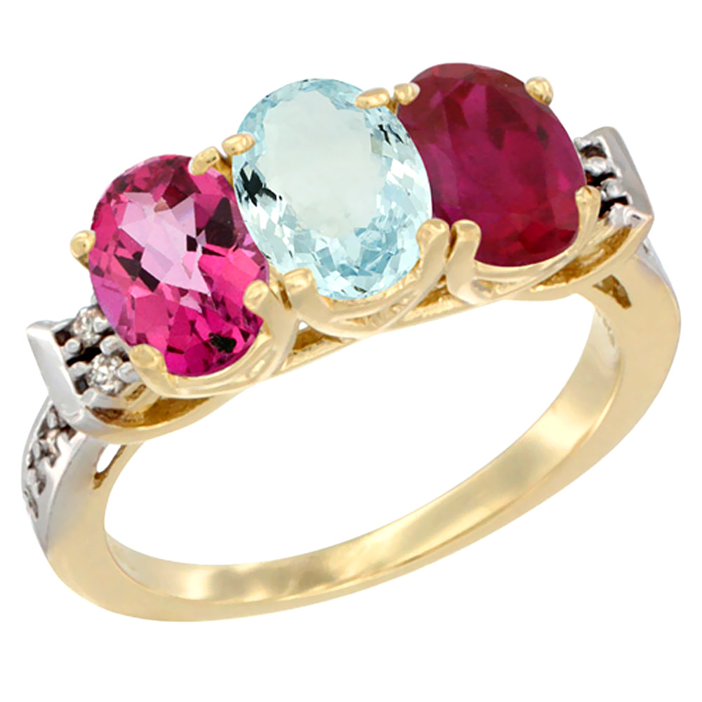 14K Yellow Gold Natural Pink Topaz, Aquamarine &amp; Enhanced Ruby Ring 3-Stone 7x5 mm Oval Diamond Accent, sizes 5 - 10
