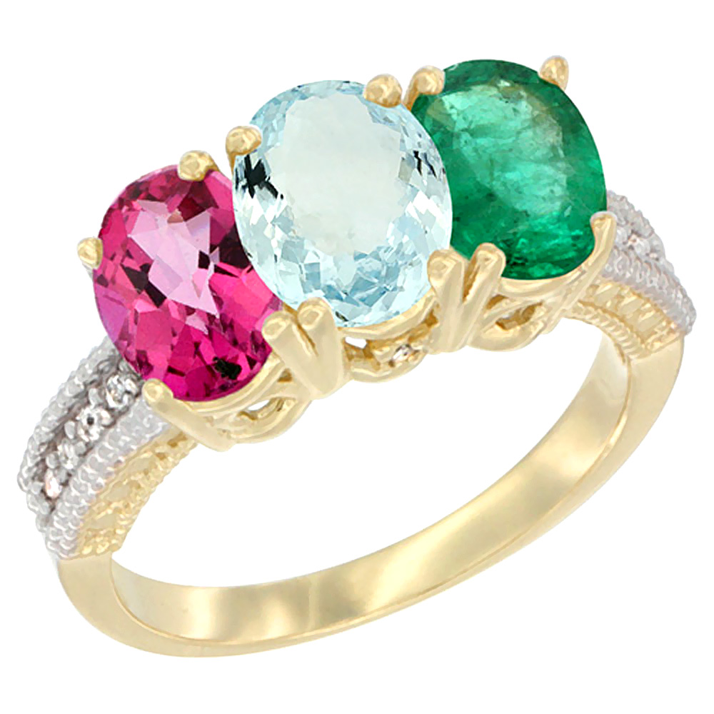 10K Yellow Gold Diamond Natural Pink Topaz, Aquamarine & Emerald Ring 3-Stone Oval 7x5 mm, sizes 5 - 10