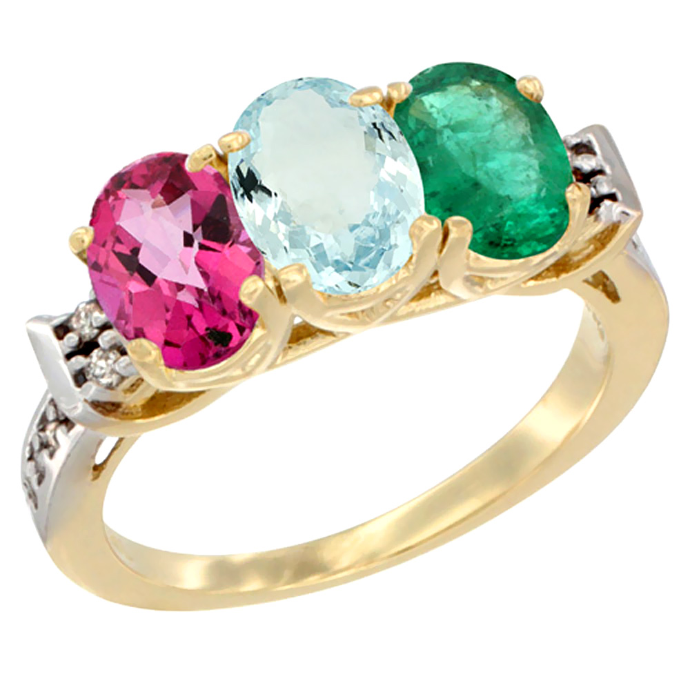 10K Yellow Gold Natural Pink Topaz, Aquamarine &amp; Emerald Ring 3-Stone Oval 7x5 mm Diamond Accent, sizes 5 - 10