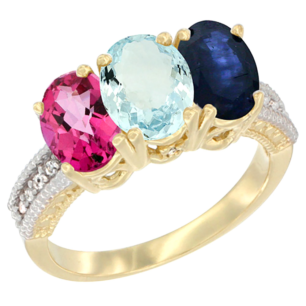 14K Yellow Gold Natural Pink Topaz, Aquamarine & Blue Sapphire Ring 3-Stone 7x5 mm Oval Diamond Accent, sizes 5 - 10