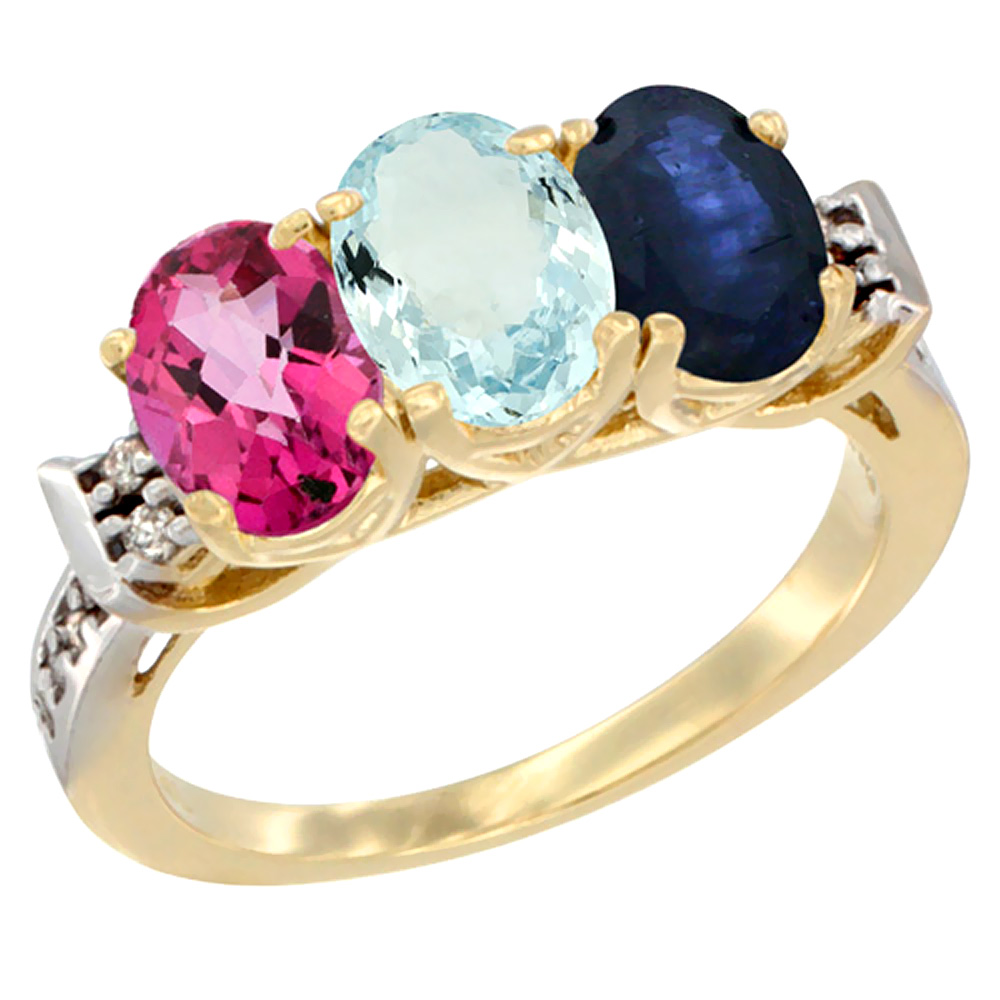 10K Yellow Gold Natural Pink Topaz, Aquamarine & Blue Sapphire Ring 3-Stone Oval 7x5 mm Diamond Accent, sizes 5 - 10