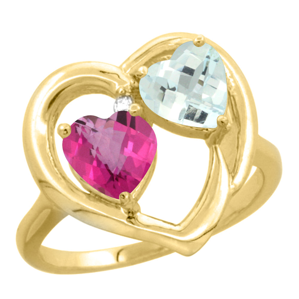 14K Yellow Gold Diamond Two-stone Heart Ring 6 mm Natural Pink Topaz & Aquamarine, sizes 5-10