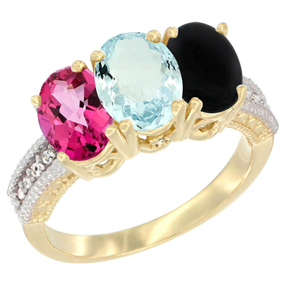 14K Yellow Gold Natural Pink Topaz, Aquamarine &amp; Black Onyx Ring 3-Stone 7x5 mm Oval Diamond Accent, sizes 5 - 10