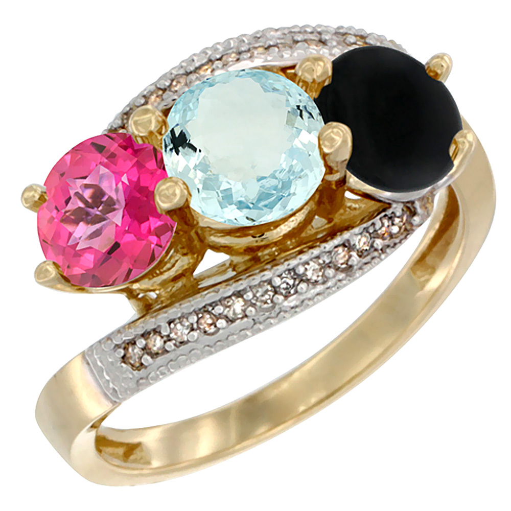 10K Yellow Gold Natural Pink Topaz, Aquamarine &amp; Black Onyx 3 stone Ring Round 6mm Diamond Accent, sizes 5 - 10