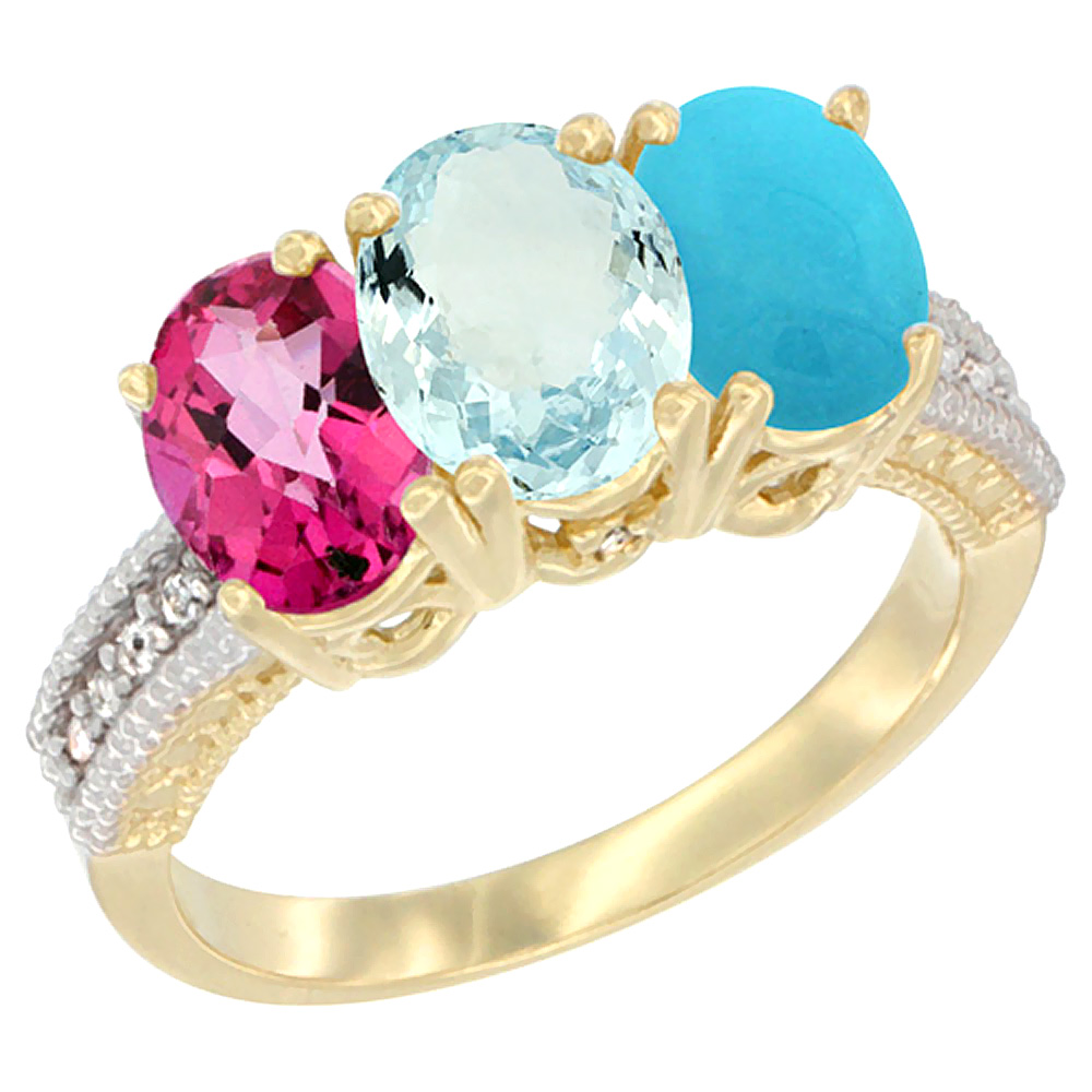 10K Yellow Gold Diamond Natural Pink Topaz, Aquamarine & Turquoise Ring 3-Stone Oval 7x5 mm, sizes 5 - 10