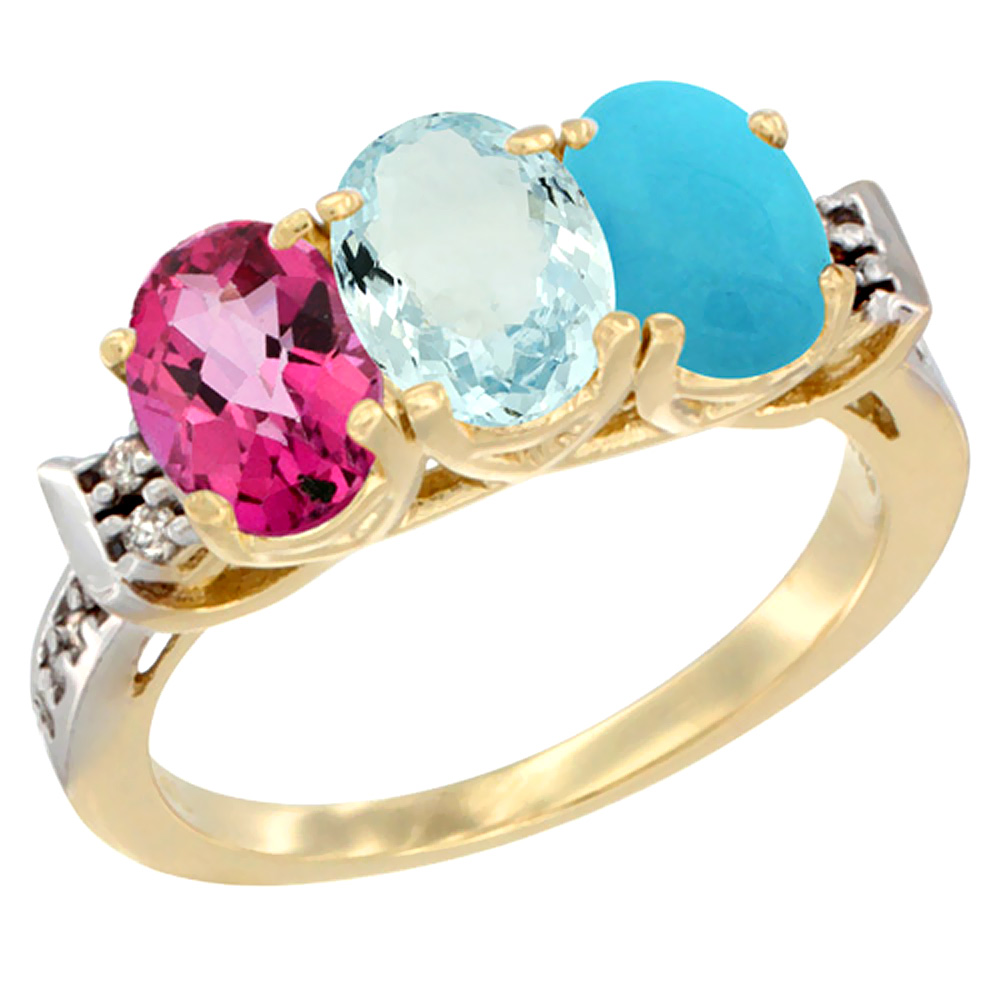 10K Yellow Gold Natural Pink Topaz, Aquamarine & Turquoise Ring 3-Stone Oval 7x5 mm Diamond Accent, sizes 5 - 10
