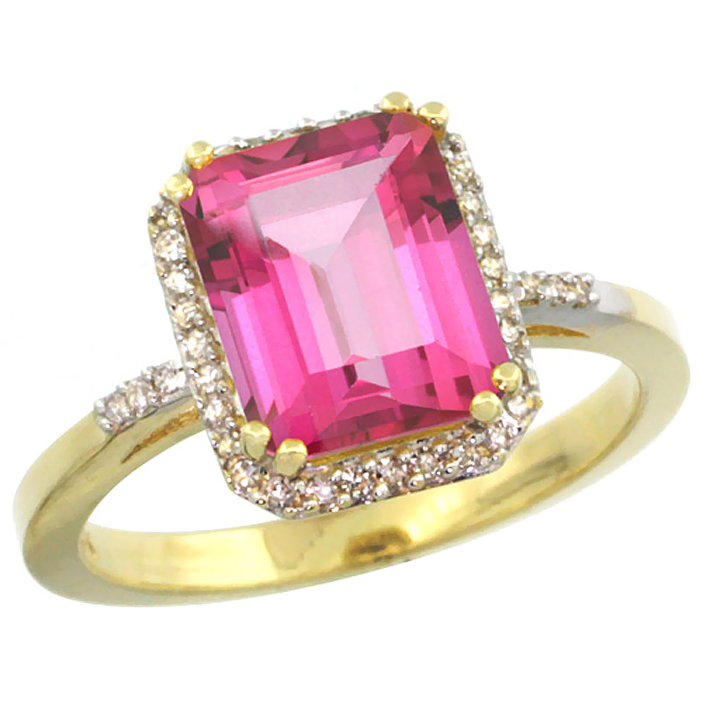 14K Yellow Gold Diamond Natural Pink Topaz Ring Emerald-cut 9x7mm, sizes 5-10
