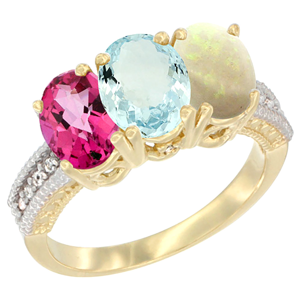 14K Yellow Gold Natural Pink Topaz, Aquamarine & Opal Ring 3-Stone 7x5 mm Oval Diamond Accent, sizes 5 - 10