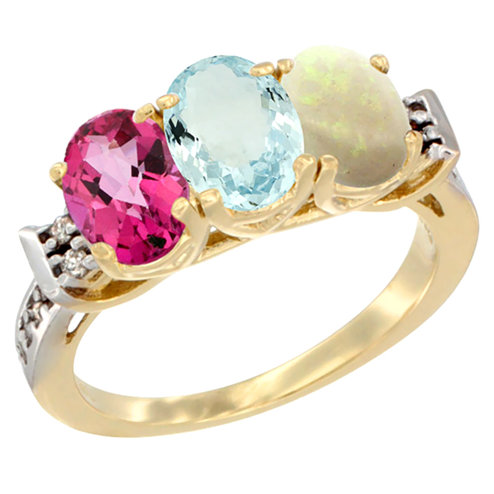 10K Yellow Gold Natural Pink Topaz, Aquamarine &amp; Opal Ring 3-Stone Oval 7x5 mm Diamond Accent, sizes 5 - 10