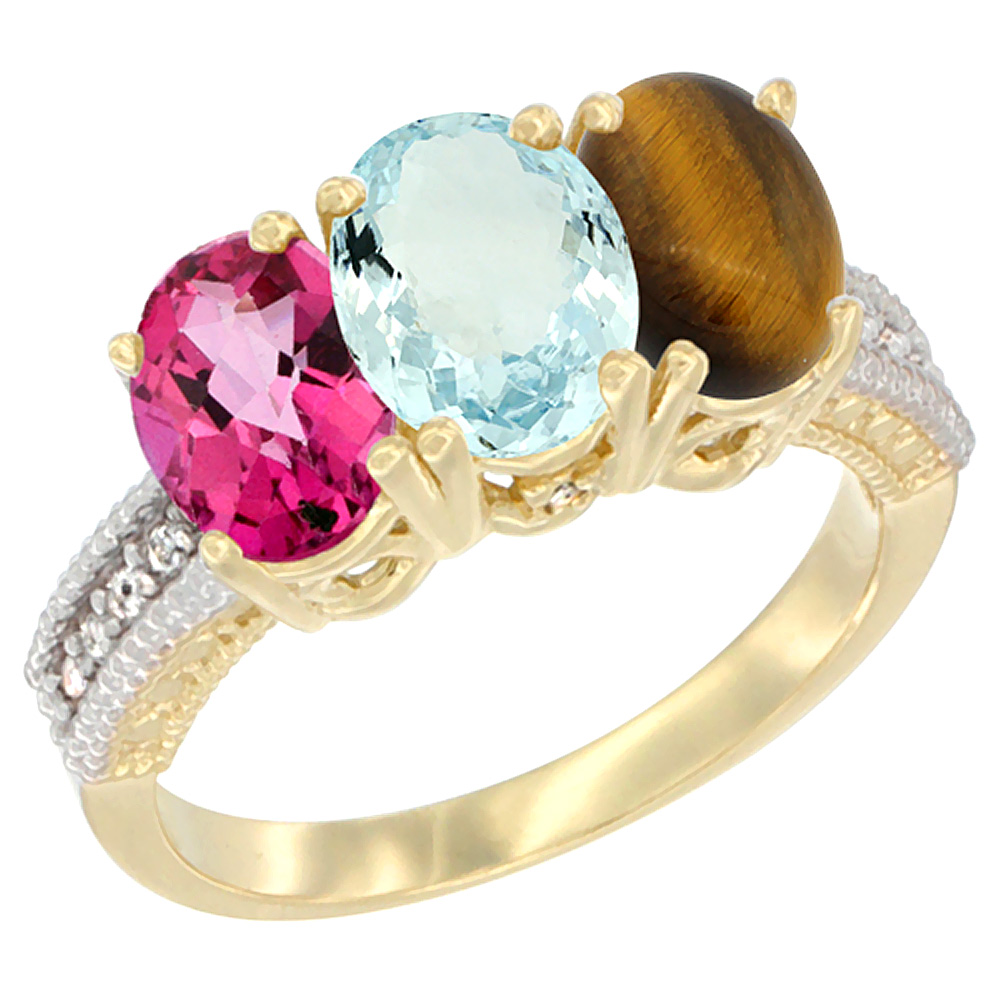 10K Yellow Gold Diamond Natural Pink Topaz, Aquamarine &amp; Tiger Eye Ring 3-Stone Oval 7x5 mm, sizes 5 - 10