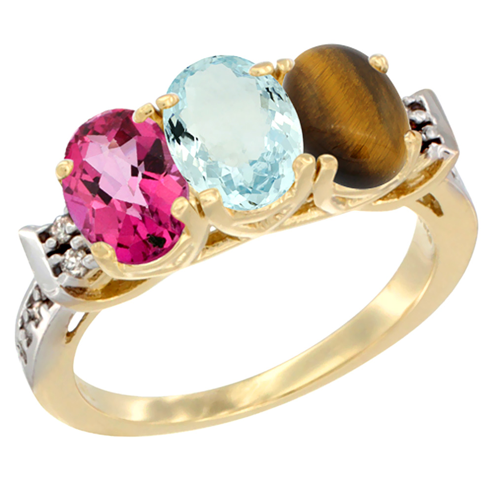 10K Yellow Gold Natural Pink Topaz, Aquamarine &amp; Tiger Eye Ring 3-Stone Oval 7x5 mm Diamond Accent, sizes 5 - 10