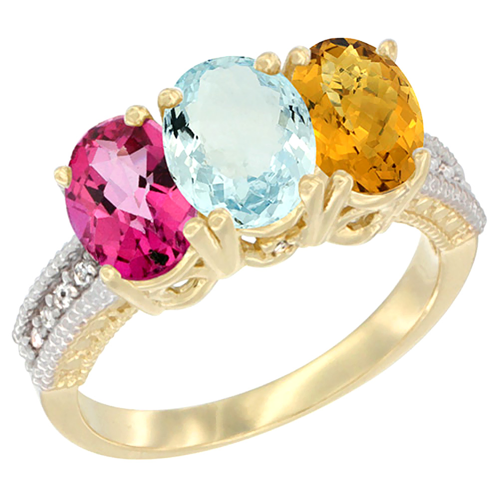 14K Yellow Gold Natural Pink Topaz, Aquamarine & Whisky Quartz Ring 3-Stone 7x5 mm Oval Diamond Accent, sizes 5 - 10