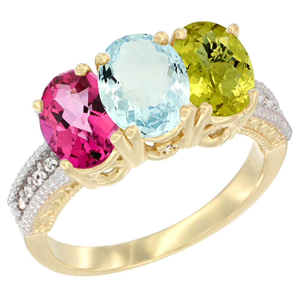 14K Yellow Gold Natural Pink Topaz, Aquamarine & Lemon Quartz Ring 3-Stone 7x5 mm Oval Diamond Accent, sizes 5 - 10