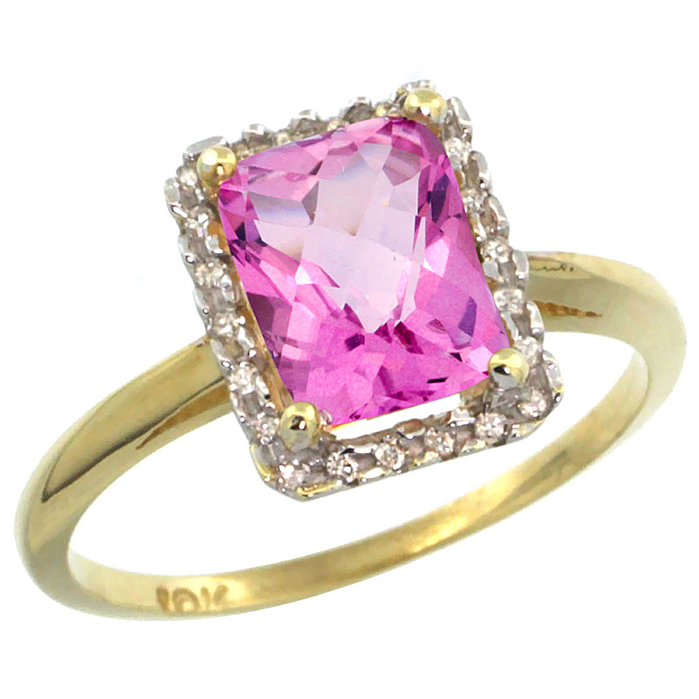 14K Yellow Gold Diamond Natural Pink Topaz Ring Emerald-cut 8x6mm, sizes 5-10