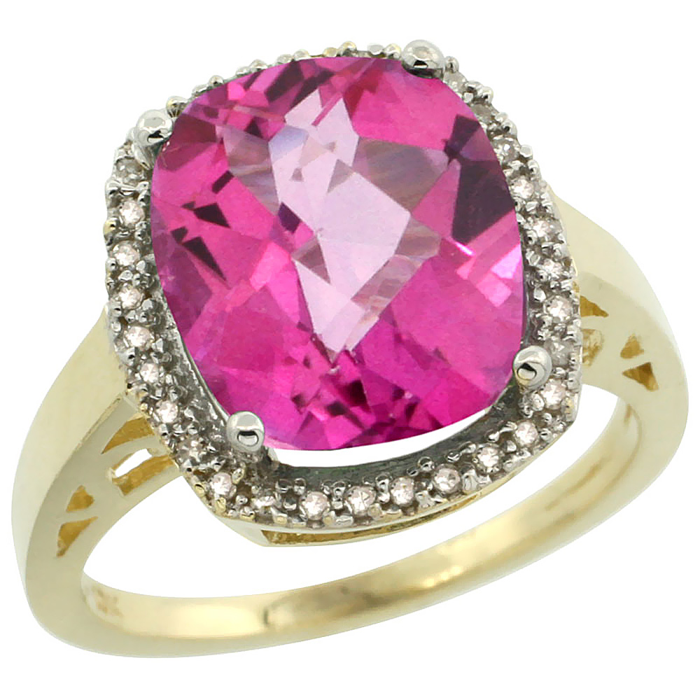 10K Yellow Gold Diamond Natural Pink Topaz Ring Cushion-cut 12x10mm, sizes 5-10