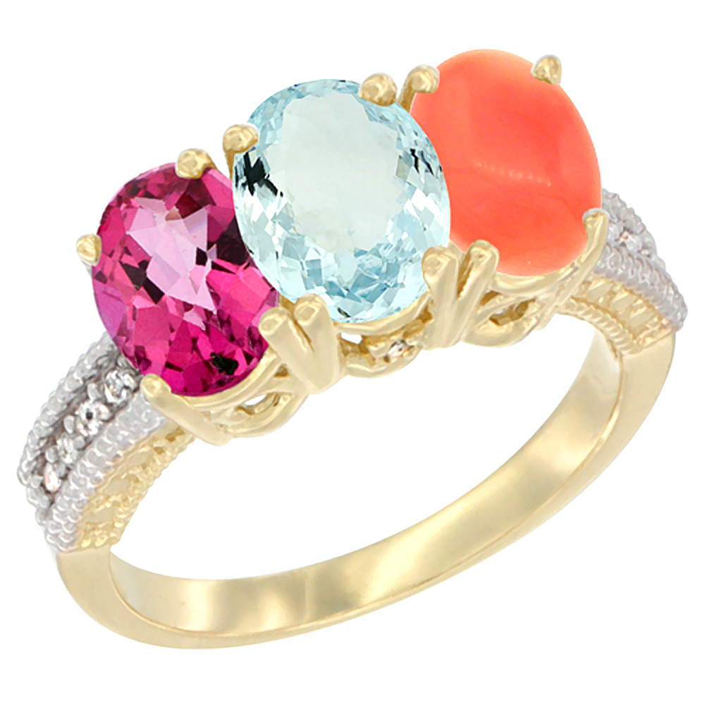 10K Yellow Gold Diamond Natural Pink Topaz, Aquamarine &amp; Coral Ring 3-Stone Oval 7x5 mm, sizes 5 - 10