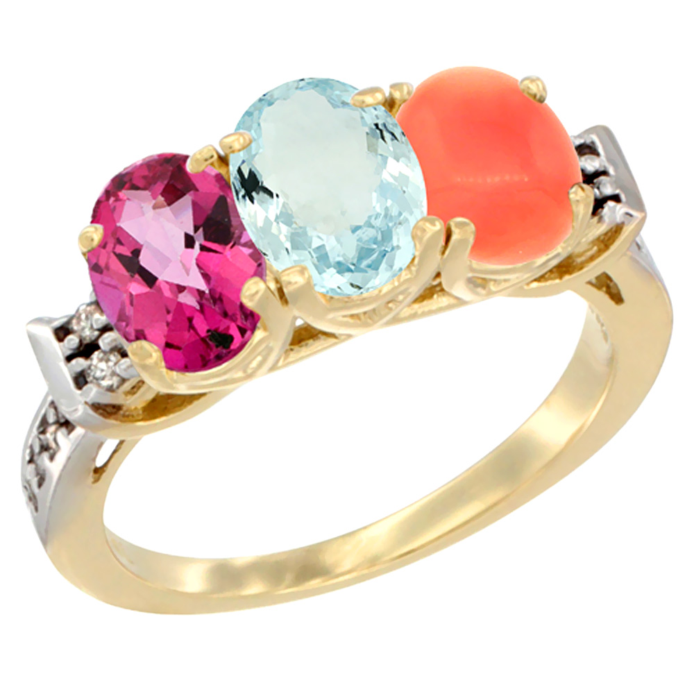 10K Yellow Gold Natural Pink Topaz, Aquamarine & Coral Ring 3-Stone Oval 7x5 mm Diamond Accent, sizes 5 - 10