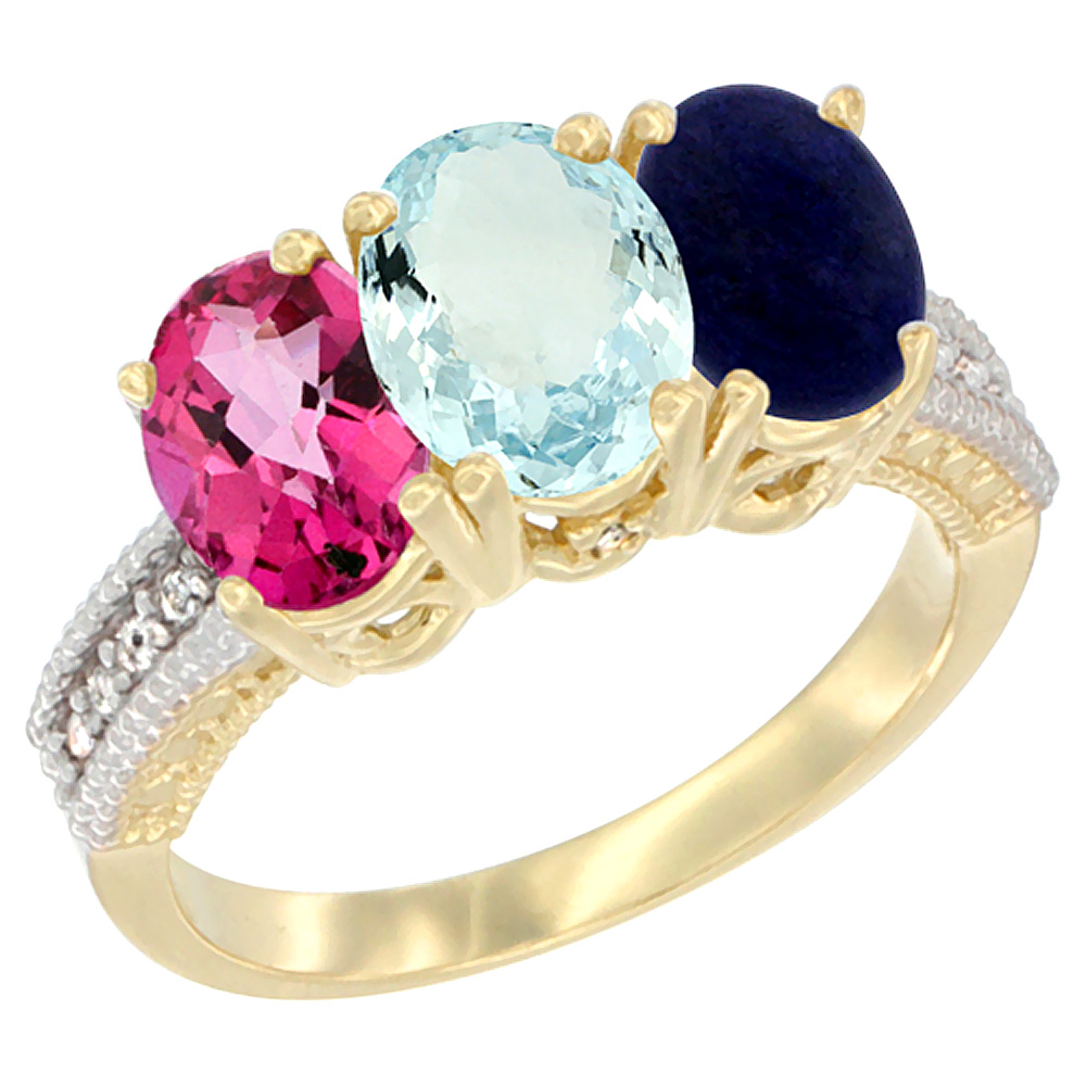 14K Yellow Gold Natural Pink Topaz, Aquamarine & Lapis Ring 3-Stone 7x5 mm Oval Diamond Accent, sizes 5 - 10