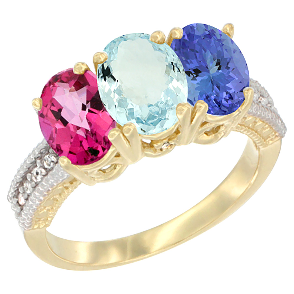 10K Yellow Gold Diamond Natural Pink Topaz, Aquamarine & Tanzanite Ring 3-Stone Oval 7x5 mm, sizes 5 - 10