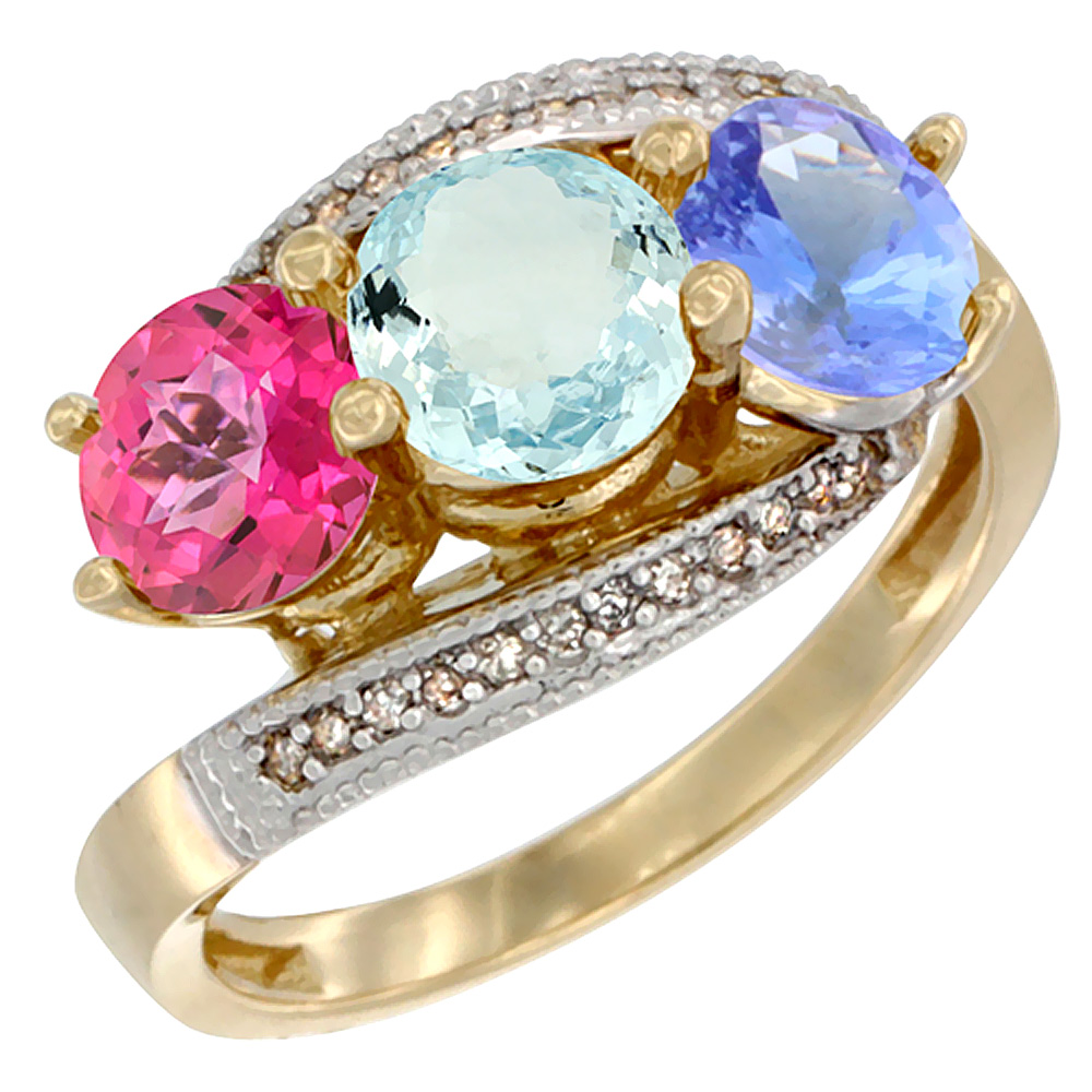 14K Yellow Gold Natural Pink Topaz, Aquamarine & Tanzanite 3 stone Ring Round 6mm Diamond Accent, sizes 5 - 10