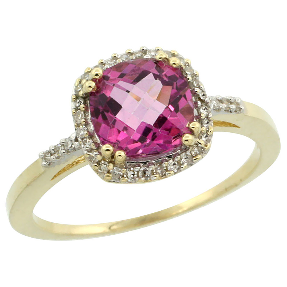 14K Yellow Gold Diamond Natural Pink Topaz Ring Cushion-cut 7x7mm, sizes 5-10