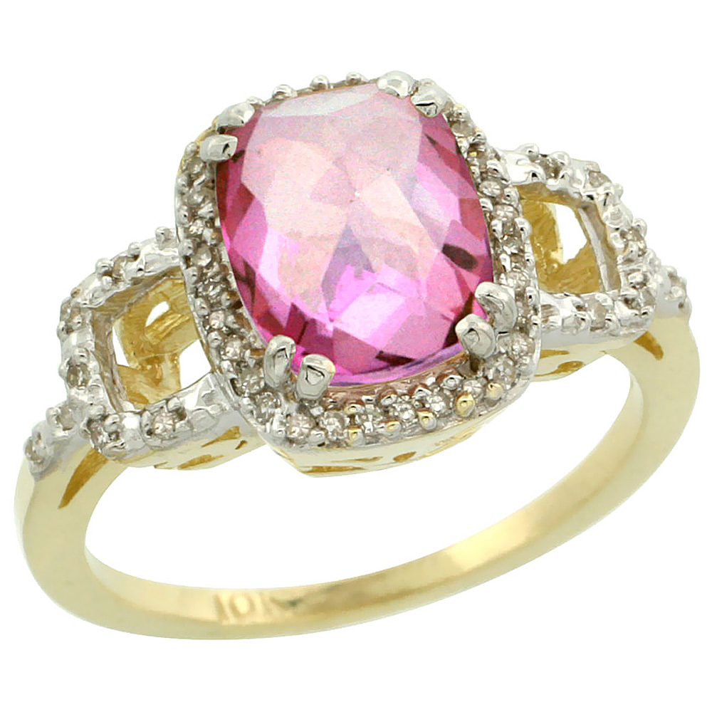 14K Yellow Gold Diamond Natural Pink Topaz Ring Cushion-cut 9x7mm, sizes 5-10