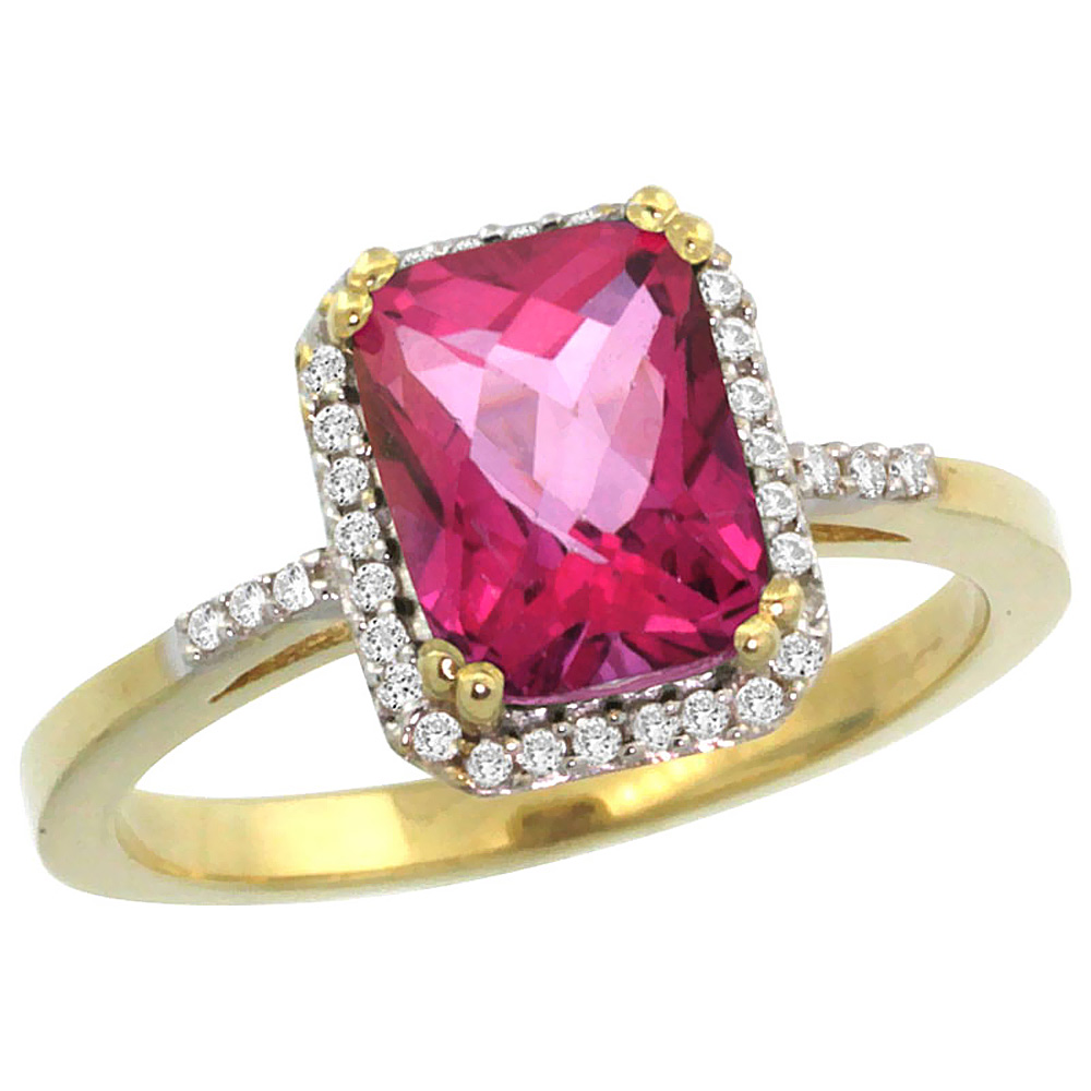 10K Yellow Gold Diamond Natural Pink Topaz Ring Emerald-cut 8x6mm, sizes 5-10